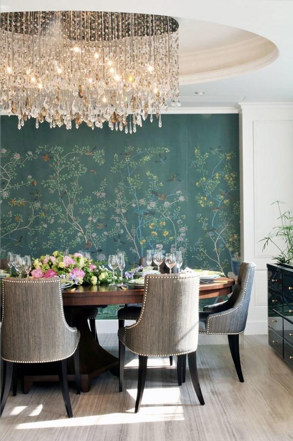 wall mural in dining room crystal chandelier