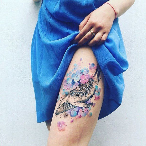 watercolor thigh tattoo flowers