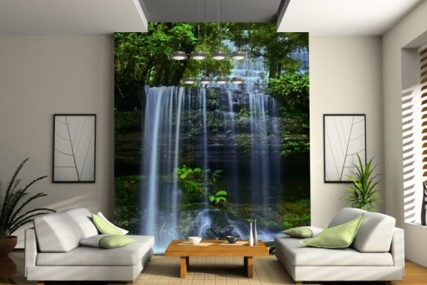 waterfall photo wallpaper in living room