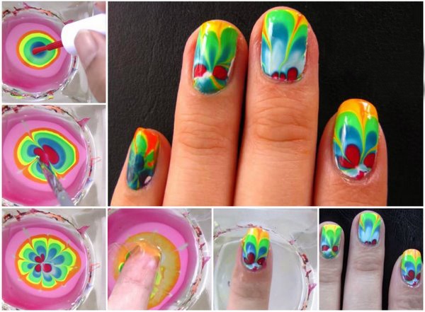 Rainbow nails with water marble effect
