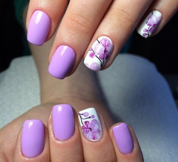 beautiful purple white nail design with flowers orchid