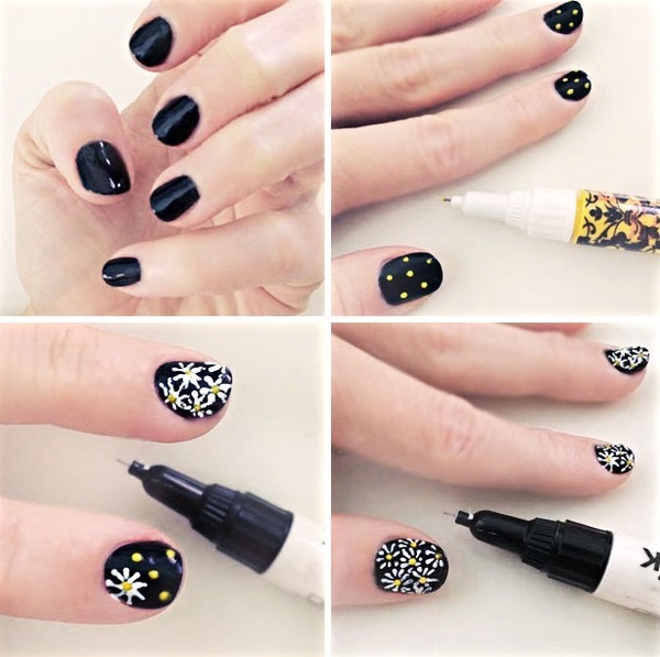 black manicure with daisy flower nails ideas