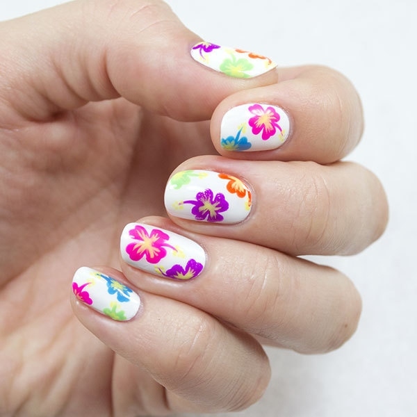 easy nail designs tropical flowers white nails