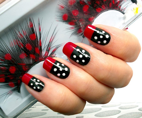 gorgeous black red manicure with white dots