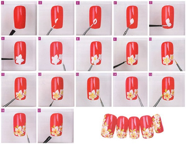 how to draw flowers on nails step by step