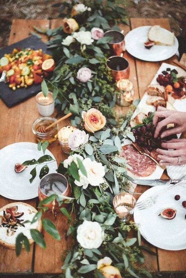 Bohemian chic bridal garden party table centerpiece ideas