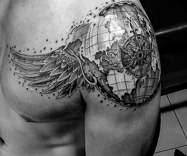 Globe with angel and wings shoulder and chest tattoo men