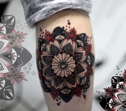 Mandala-dotwork-tattoos-red-black-colors