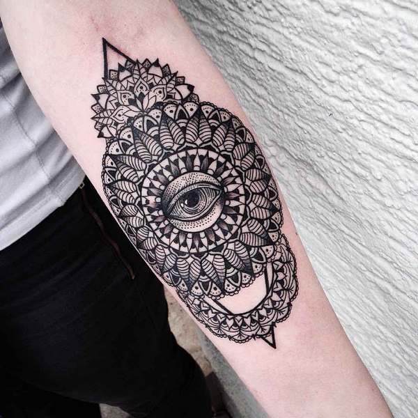 Mandala shapes eye tattoo on forearm