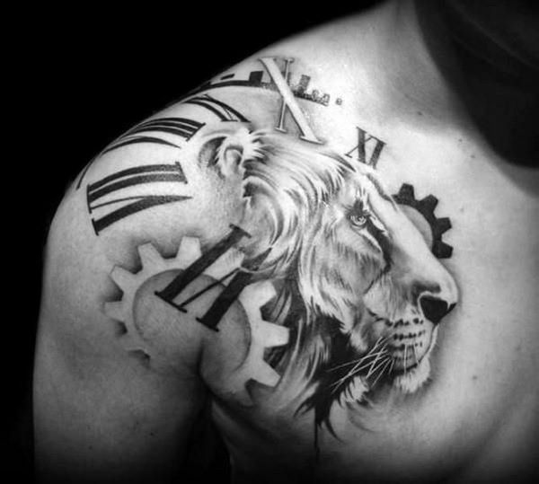 Roman numbers and lion mens shoulder tattoo
