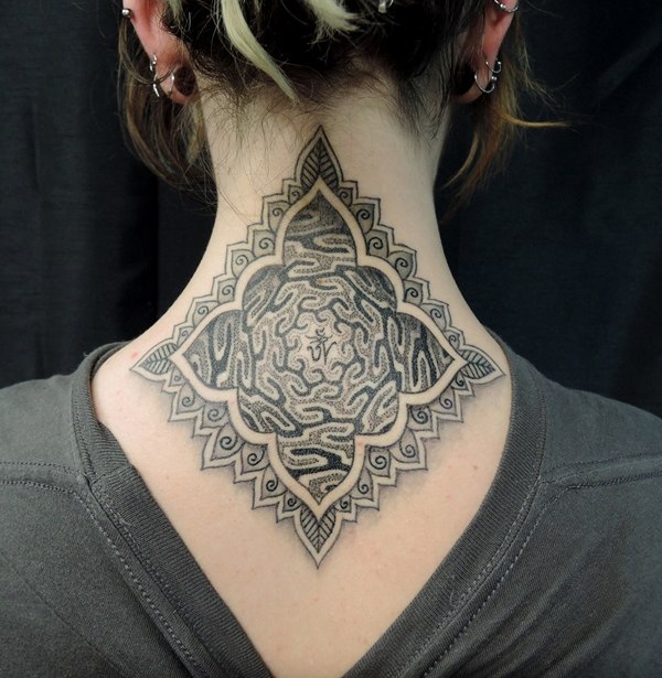 Square mandala shape neck tattoo ideas