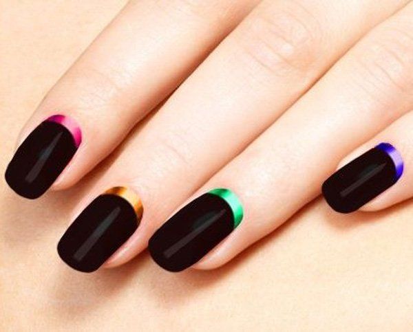 black manicure with rainbnow moon effect