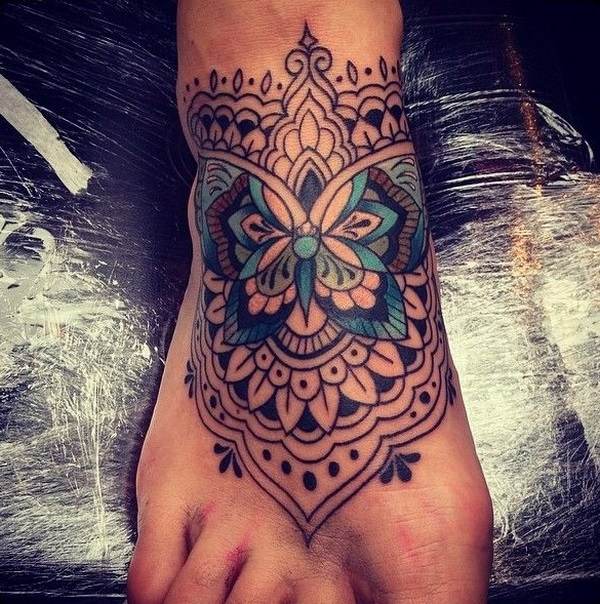 butterfly mandala foot tattoo