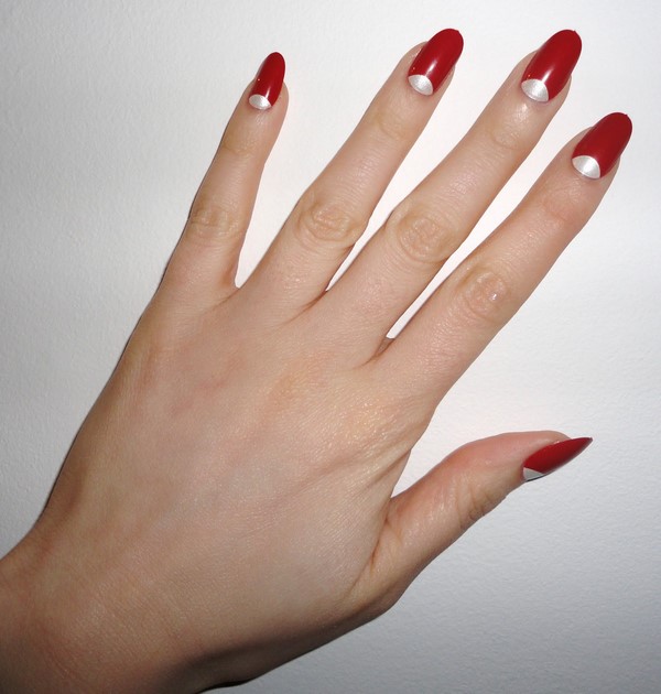 classic red white half moon nail design