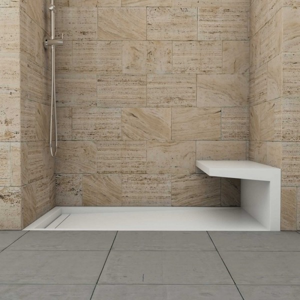 doorless shower limestone tile bench linear drain