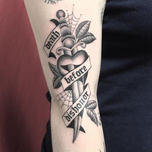heart dagger and banner tattoo