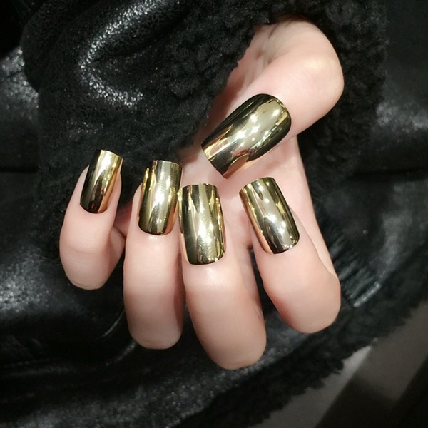 long square golden nails mirror effect