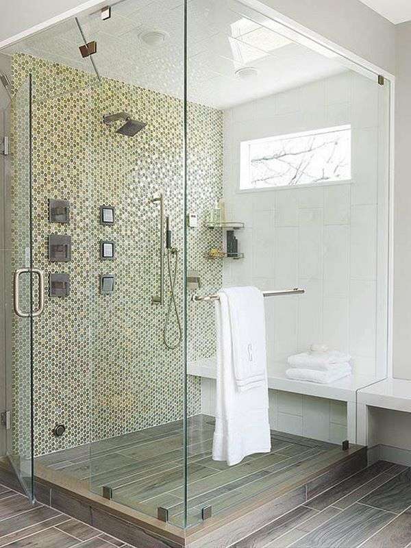 modern mosaic tiled walk in shower frameless glass door