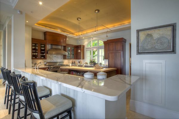 Barrel ceiling contemporary kitchen with glass front cabinets