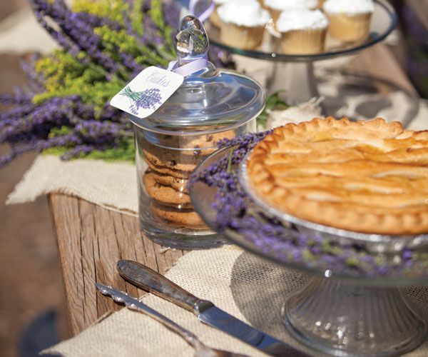 Rustic chic bridal shower pie lavender table decor