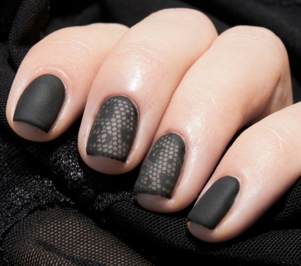black manicure lace pattern matte effect