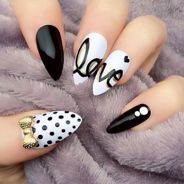 black white stiletto nail designs polka dots