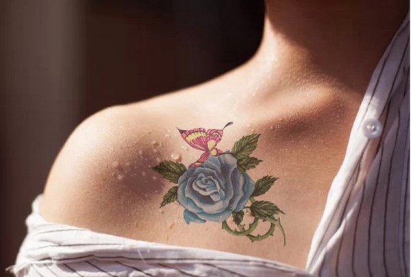 blue rose tattoo with butterfly