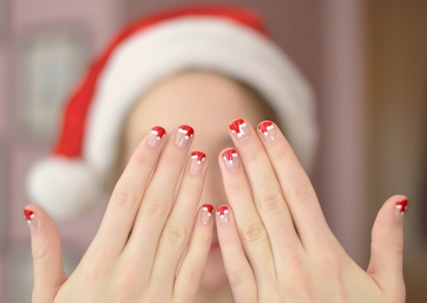 christmas manicure santas hat negative space nails