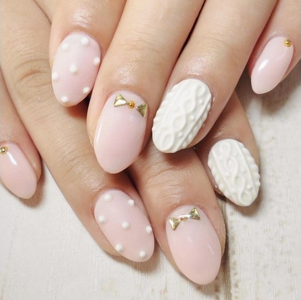 cute white and pink polka dot knit nail art ideas