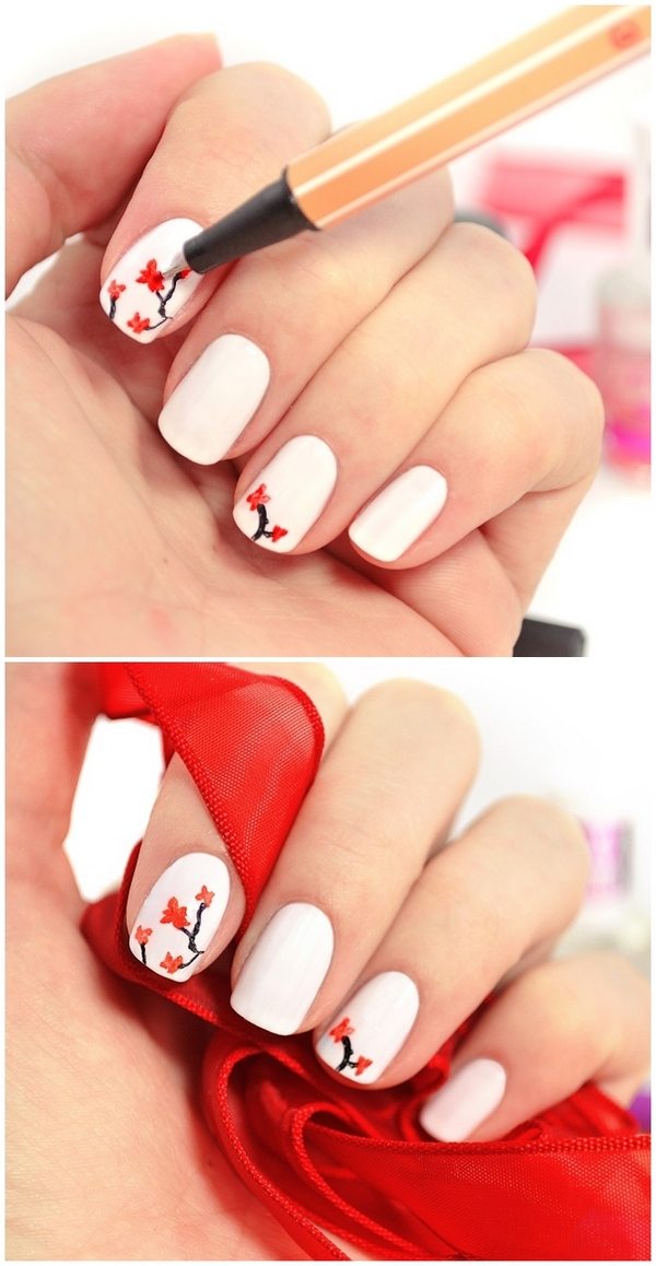 easy DIY sakura nails white lacquer