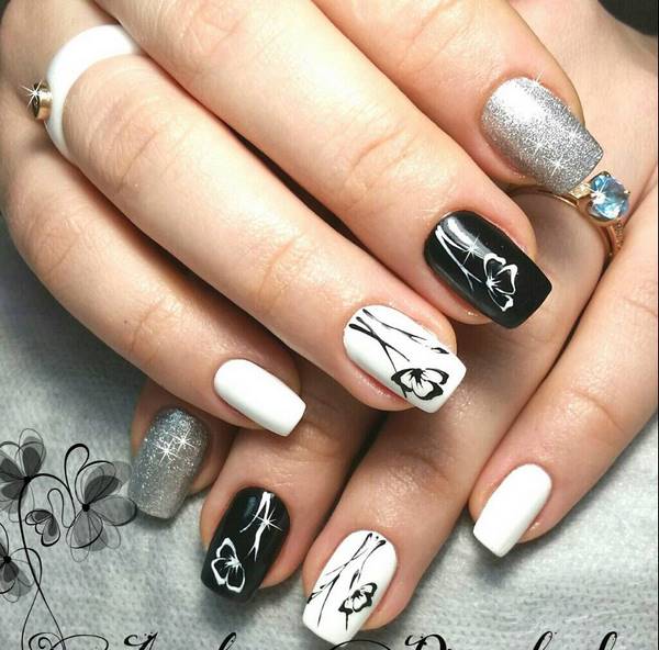 elegant black and white manicure ideas with flowers