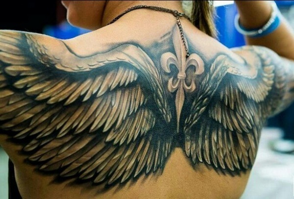 fleur de lis and angel wings tattoos on back