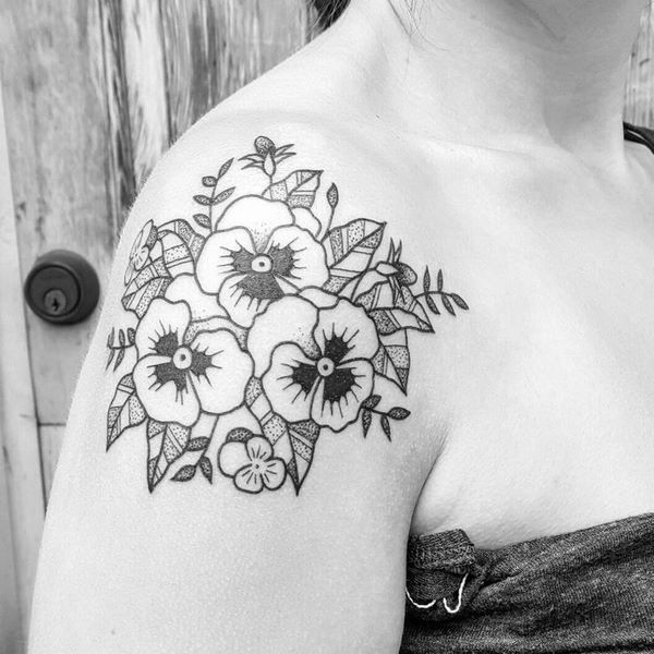 pansy tattoo on shoulder for women
