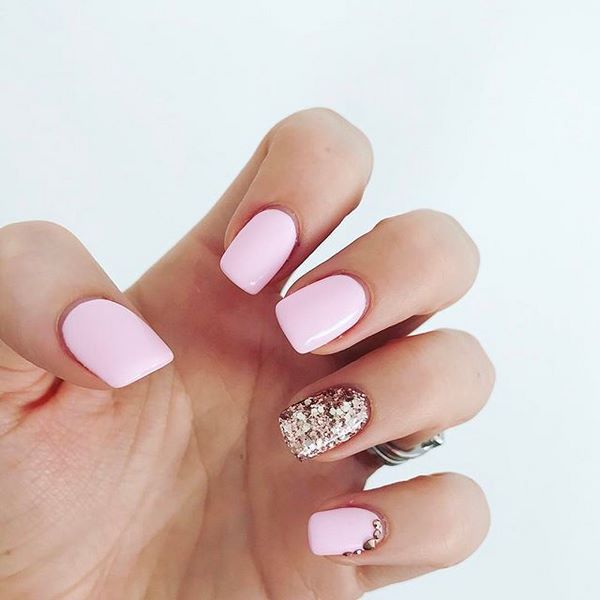 pastel pink and gold glitter nails