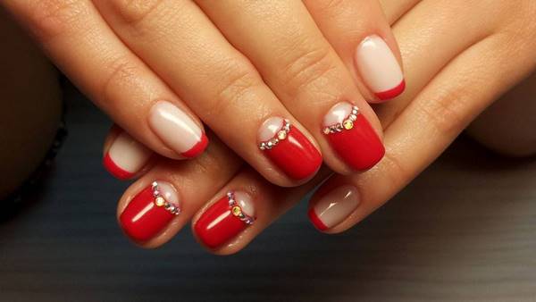 French nails moon manicure with small rhinestones