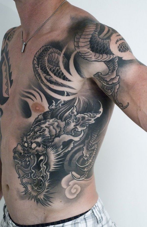 Japanese style dragon tattoo on ribs