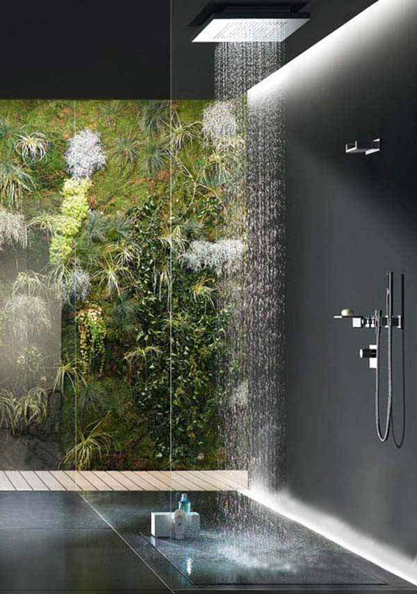 bathroom ideas green wall walk in shower
