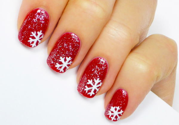 Snowflake nails christmas nail art red white