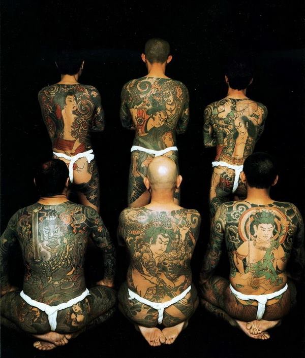 Yakuza gang members traditional irezumi tattoo designs