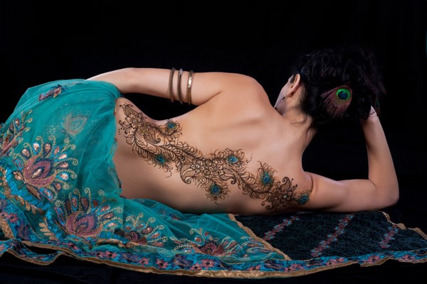 amazing peacock henna back tattoo