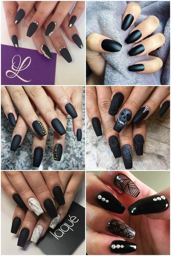 black manicure decoration ideas for coffin nails