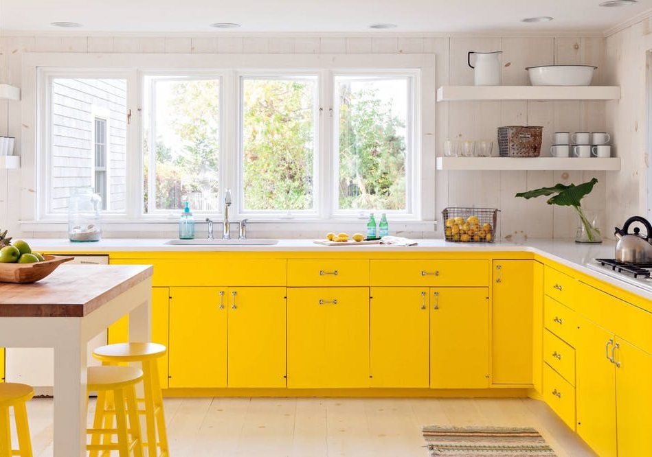 bright yellow kitchen cabinets L shape open shelves
