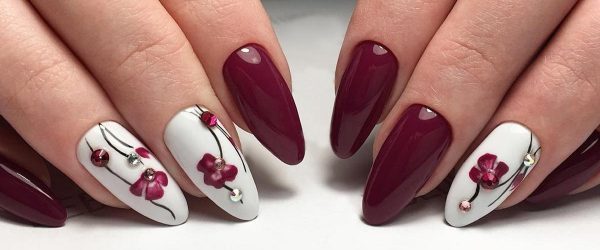 burgundy nails designs flower art crystals stylish manicure