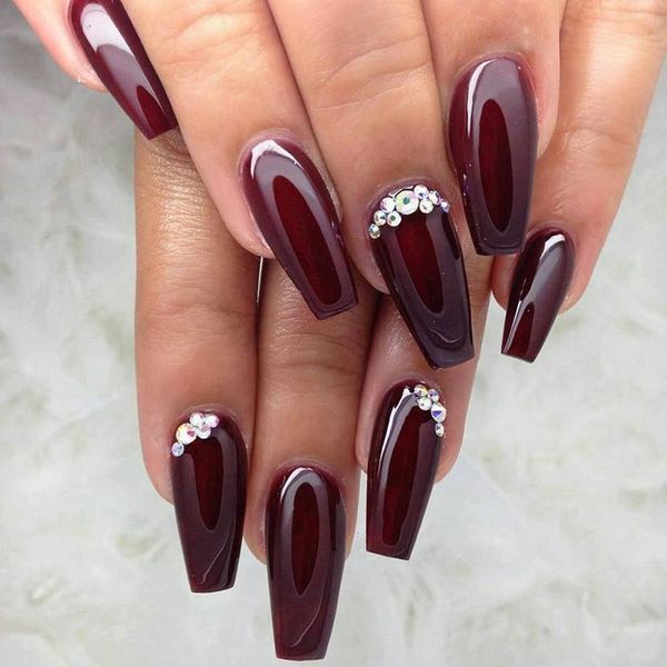 burgundy red nails with Swarovski crystals