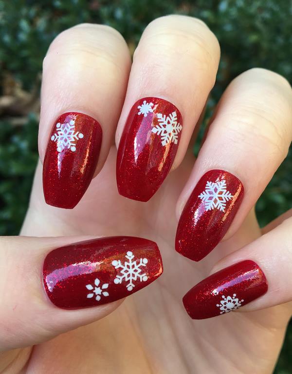 christmas nail art with snowflakes ballerina nails