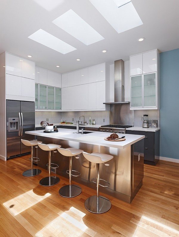 contemporary kitchen design ideas L shape skylights wood flooring