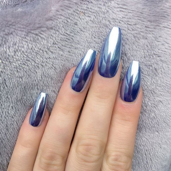 crome nail art coffin nails blue metallic