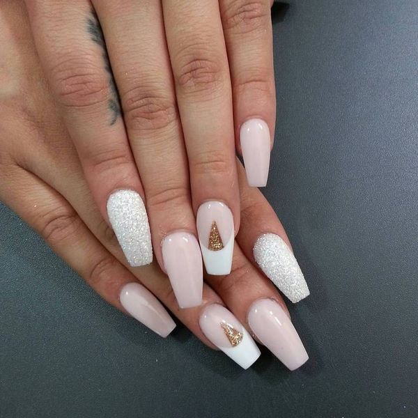 elegant coffin shaped nails in white and pink