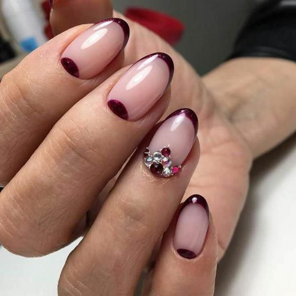 elegant moon nails burgundy color rhinestones nail art
