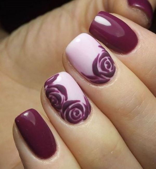 exeptional french nails ideas burgundy pink flower pattern